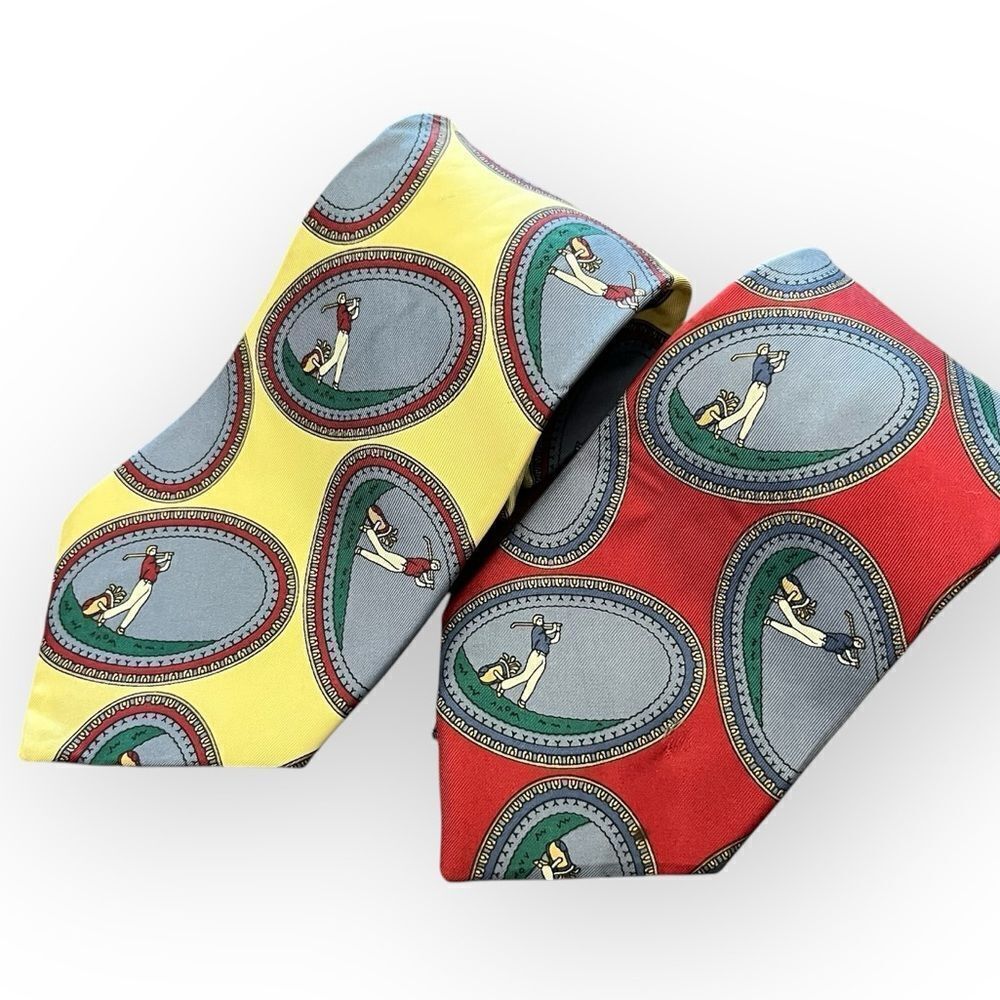 Pierre Cardin TWO Silk Ties Yellow / Red Golfers Retro Characters Medallion Golf